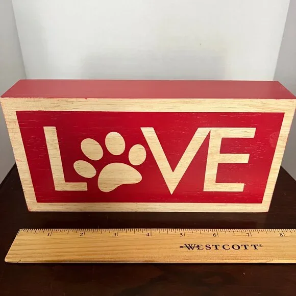 HOBBY LOBBY Dog Paw LOVE Wooden Box Sign (Red & Natural Wood) - Picture 3 of 5